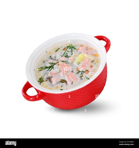 Salmon Soup with Cream and Potatoes on White Isolated Background ...