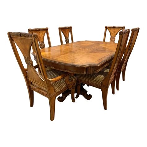 20th Century Wood Carved and Inlay Dining Room Table & 6 Chairs | Chairish
