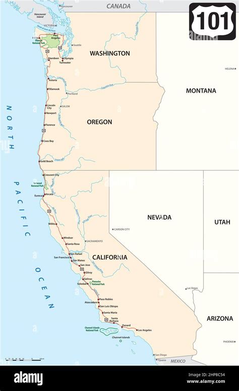 vector map of us Highway 101 on the west coast of the USA Stock Vector ...