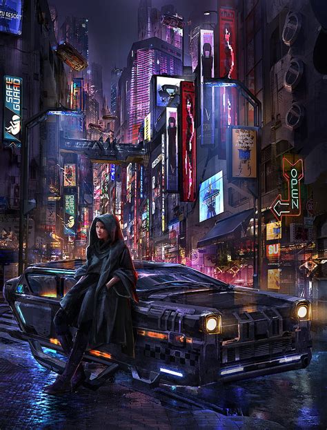 Digital art, artwork, futuristic, street, futuristic city, vehicle, neon, portrait display, HD ...