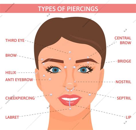 Piercing flat infographics showing pretty female face with text captions pointing to pierced ...
