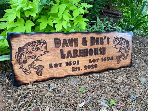 Outdoor Lake House Fishing Sign, Personalized Wood Decor, Custom Driveway Address, Carved Cabin ...