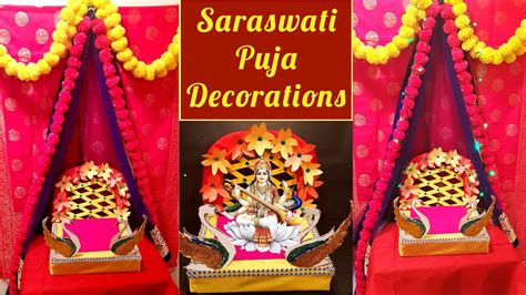 Saraswati Puja Decoration Ideas | Basant Panchami Crafts | Easy Puja Backdrop & Pandal ...