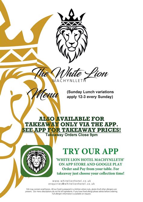 Menu at White Lion Hotel pub & bar, Machynlleth