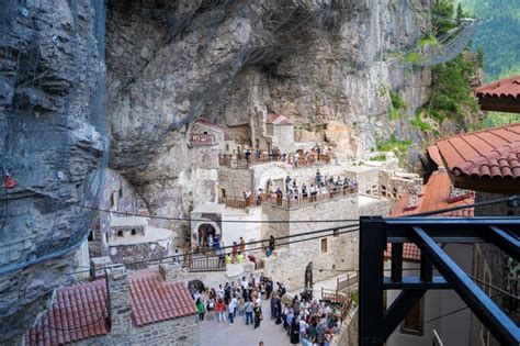 Tourists at the Sumela Monastery. Sumela Monastery is a Greek Orthodox ...