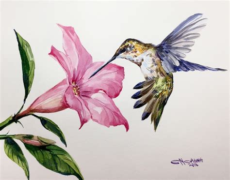 COLORFUL HUMMINGBIRD AND PINK FLOWER, TINY BIRD ORIGINAL WATERCOLOR ...