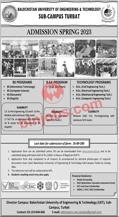 Balochistan University Of Engineering & Technology Turbat Campus Admissions 2023 - Balochistan Jobs