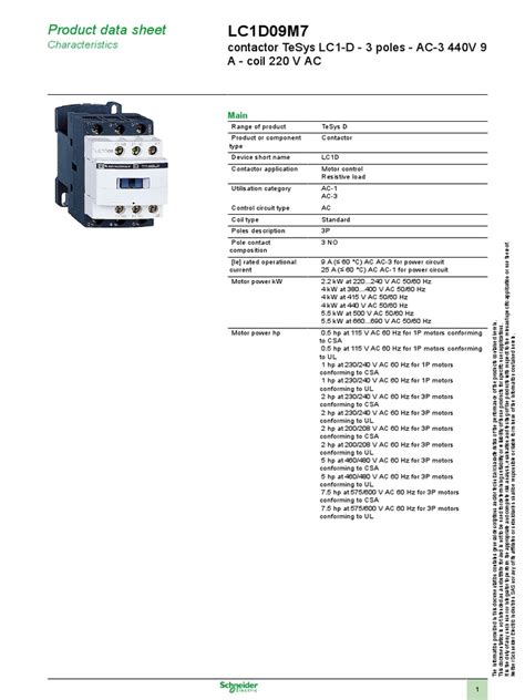 LC1D09M7: Product Data Sheet | PDF | Alternating Current | Electric Motor