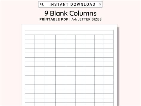 9 Blank Columns Chart Text Input Print and Write PDF Digital Download ...