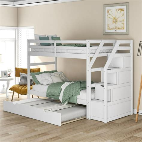Twin-Over-Twin Bunk Bed with Trundle and 3 Storage Stairs for Kids Toddler Boys Girls, White 98 ...