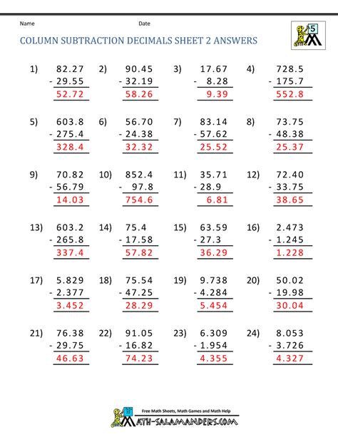 Subtraction Of Decimals Grade 5 Worksheet