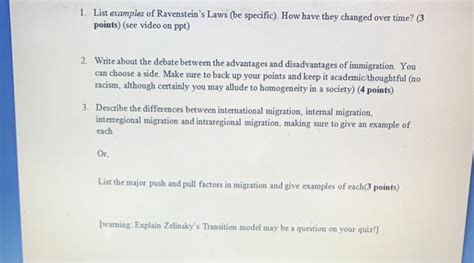 Solved 1. List examples of Ravenstein's Laws (be specific). | Chegg.com