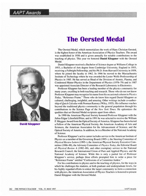 The Oersted Medal | The Physics Teacher | AIP Publishing