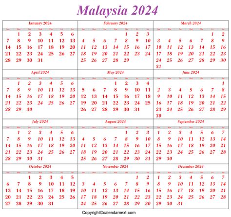 Malaysia Calendar 2024 with Holidays | Calendar Next