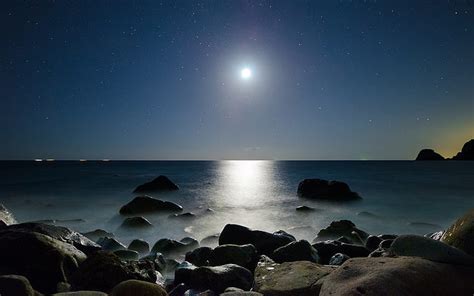 HD wallpaper: Ocean Moonlight Rocks Stones HD, nature | Wallpaper Flare