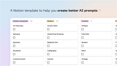 AI art prompts cheat sheet Notion template