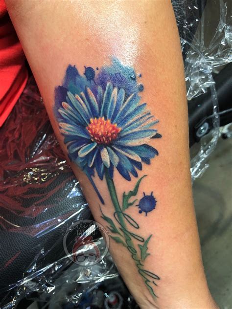 Watercolour floral script tattoo | Aster flower tattoos, Blue flower tattoos, Flower tattoos