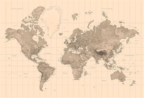 Sepia World Map Wallpaper | World Map Wall Murals | Wallpapered