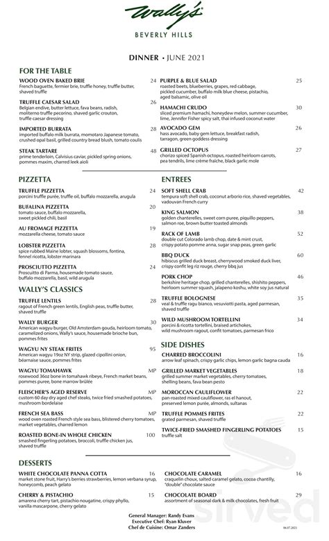 Wally's Beverly Hills menu in Beverly Hills, California, USA