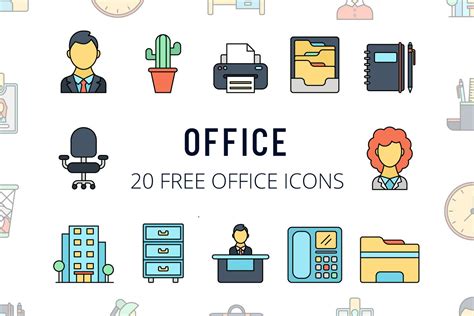 the office icon set includes icons such as desk, computer, printer and ...