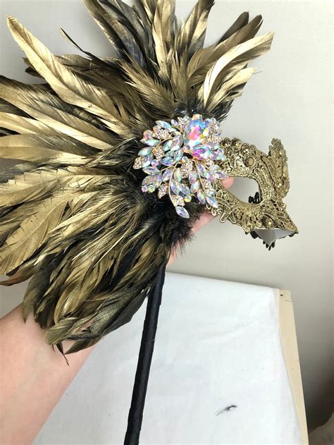 Gold Masquerade Mask With Feathers Mardi Gras Halloween on a Stick - Etsy