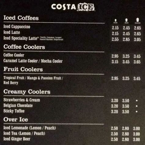 Menu at Costa Coffee cafe, London, 34 Broadway