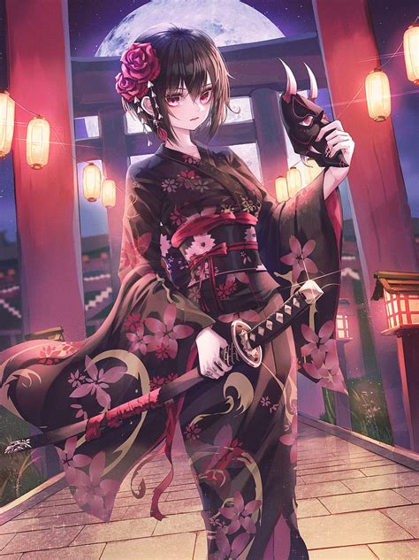 3840x2160px, 4K free download | Girl, kimono, katana, mask, anime, japan, HD phone wallpaper ...