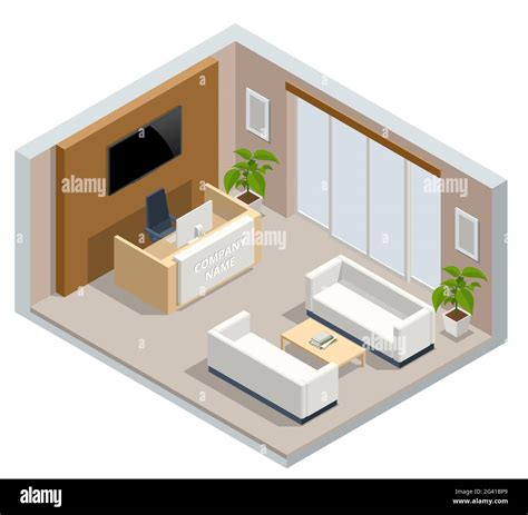 Isometric interior of the modern office. Hall with reception desk and sofa for customers Stock ...