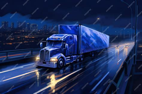 Premium AI Image | A semi truck driving on the roadway at night