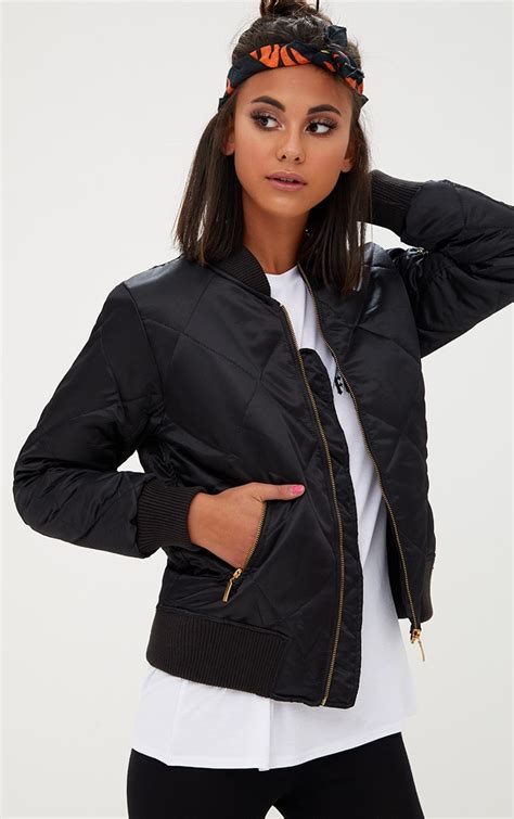 Black Satin Quilted Bomber Jacket | PrettyLittleThing