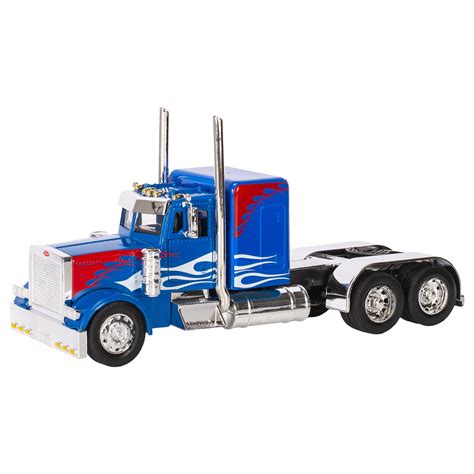 Peterbilt 389/Kenworth W900 Semi Truck Die Cast Toy - 1:32 Scale Blue with Red and White Flames ...