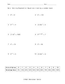 Solving Exponential Equations Worksheet for 9th Grade | Lesson Planet