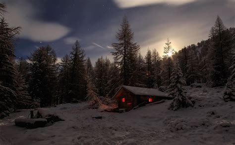 Fond d'écran : des arbres, forêt, nuit, neige, hiver, cabine, région sauvage, arbre, Montagne ...