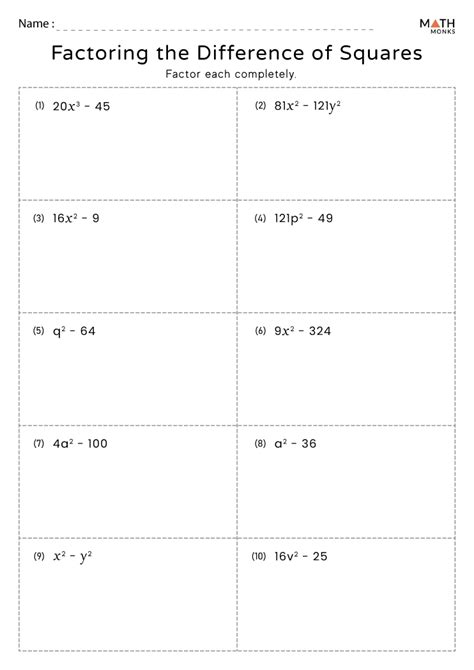 Factoring Difference of Squares Worksheets - Math Monks