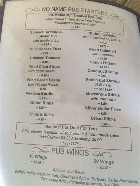 Menu at No Name Pub, Big Pine Key