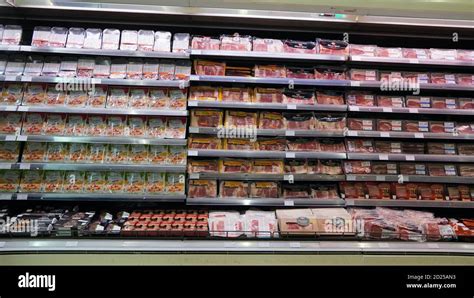 Meat, Supermarket, Butcher. Packets Of Meat At The Supermarket. Meat Aisle In Supermarket ...