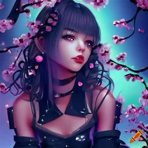 Realistic artwork of a cyberpunk girl under a snowy cherry tree on Craiyon