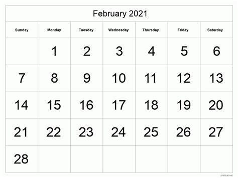 Printable February 2021 Calendar - Big Dates