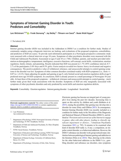 (PDF) Symptoms of Internet Gaming Disorder in Youth: Predictors and Comorbidity