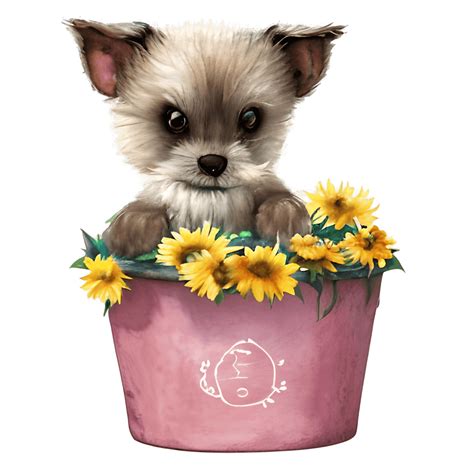 Cute Puppy with Sunflowers · Creative Fabrica