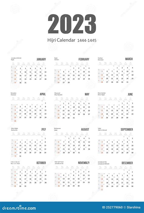 Hijri Islamic And Gregorian Calendar 2023. From 1444 To 1445 Vector ...