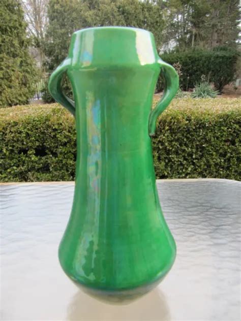 ANTIQUE AWAJI POTTERY Arts & Crafts Green Organic Nouveau Monochrome Vase $299.99 - PicClick
