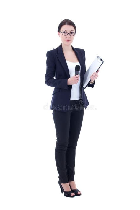 Female Reporter with Microphone Isolated on White Stock Image - Image of business, asking: 35486369