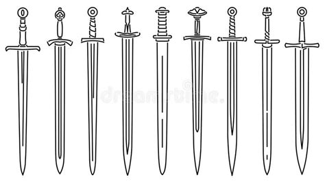 Set of Simple Images of Medieval Long Swords Drawn in Art Line Style ...