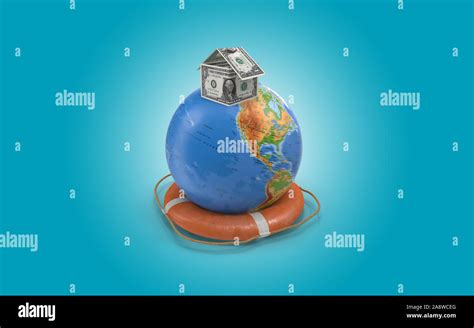 One Dollar Bill in House Shape on planet earth with life vest to symbolize business world needs ...