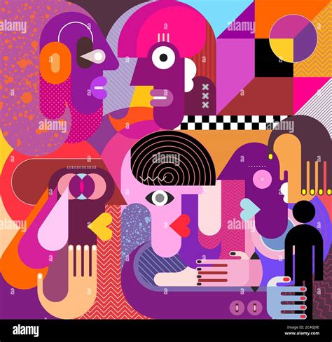 Large Group Of People Modern Cubism Art Vector Human Faces And Abstract Geometric Shapes Stock ...