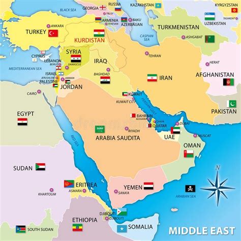 map of middle east asia with countries and flags stock illustration ...