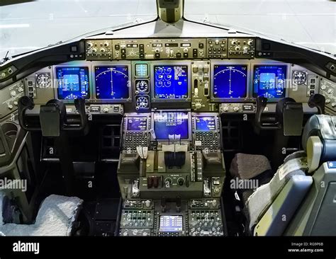 Cockpit of a passenger plane. View from the cockpit during the flight ...