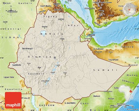 Shaded Relief Map of Ethiopia, physical outside