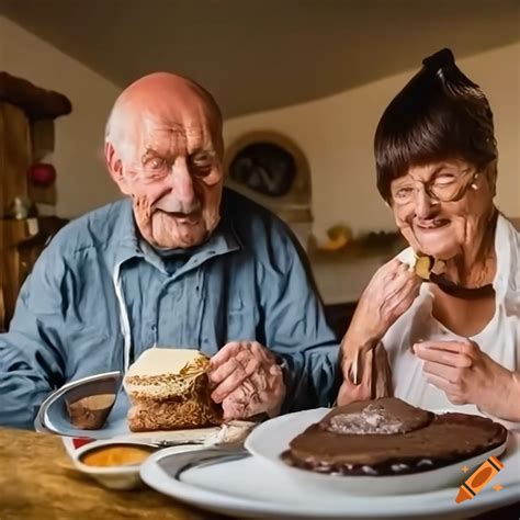 European couple enjoying traditional meal in rustic kitchen